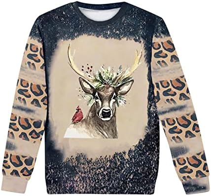 Симпатични животински маички со долги ракави, женски божиќен леопард пулвер врвови на блуза, обична трендовски надворешна облека,