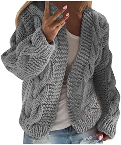 Womenенски кабел со долг ракав плетен џемпер отворено предно кардиганско копче лабава надворешна облека