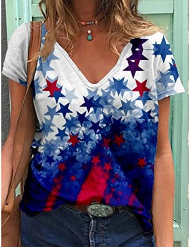 Amikadom во боја блок мерика starsвезди starвезди печати блузи за тинејџерски девојки краток ракав против квадратни врат -случајни