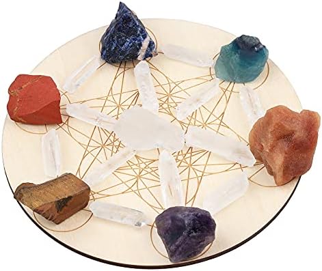 Mookaitedecor заздравува кристална решетка со дрвена метатронска света геометрија, чакра сурови камења и рок кристално стапче и поени за медитација
