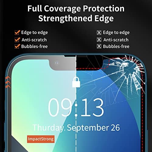 Заштитник на екранот на ImpactStrong ShatterProof за iphone 14 / iPhone 13 / iPhone 13 Pro [Лесна рамка за инсталација] [Бесплатно меур] [9H тврдост] [целосна покриеност] Пријателски за случајот, 6