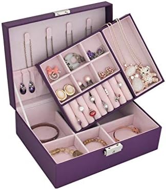 MJCSNH кутија за накит со двослојни со заклучување, накит обетки Едноставни обетки за складирање на прстени, кутија за складирање на