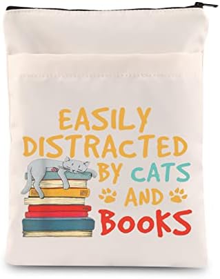 Meikiup Мачка и lубител на книги ракав со ракав со патент книга торбичка мачка lубовници подарок лесно расеан од мачки и книги