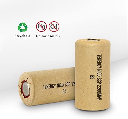 Tenergy NICD Pubc 2200mAh хартија завиткана од полнење на батеријата рамен со јазичиња, 15 пакувања