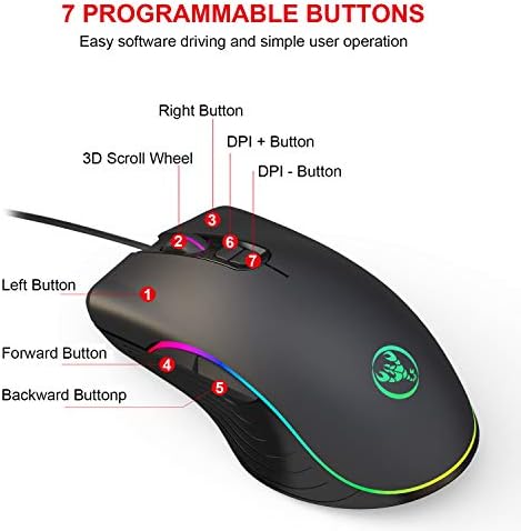 Youpeck Wired Gaming Mouse, 7 програмибилни копчиња, ергономски RGB игри глушец со 16,8 милиони Chroma 7 со позадинско осветлување за компјутер,