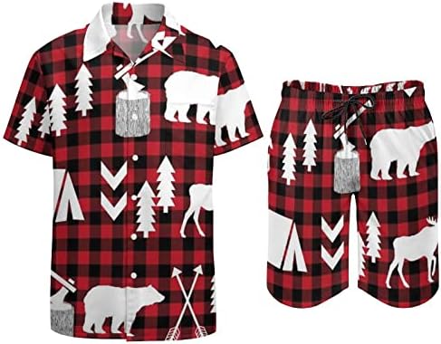 Weedkeycat Buffalo Claid Woodland Божиќна зимска облека за мажи на плажа 2 парчиња Хавајско копче надолу со кошула со кратки