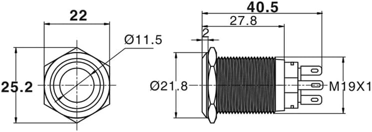 19мм метална моќност l тип на месинг копче за месинг, рамна тркалезна осветлување Моментно/заклучување 1NO 1NC - прекинувачи -