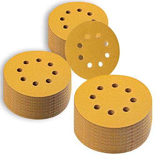 40 решетки Златни дискови за пескарење од 5 инчи, анти -пролеана кука и шкурка за јамка за дрво, 8 дупки без прашина орбитална сандер влошки - 100 парчиња