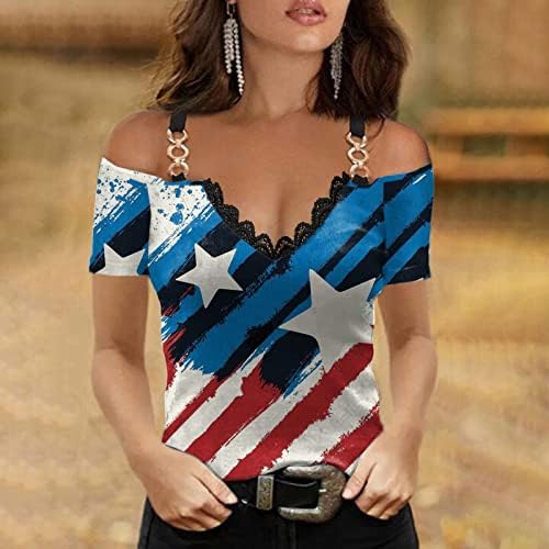 Хоксин жени секси надвор од рамените врвови на рамената моден метален ланец ленти Туника против вратот 4-ти јули маици Американски