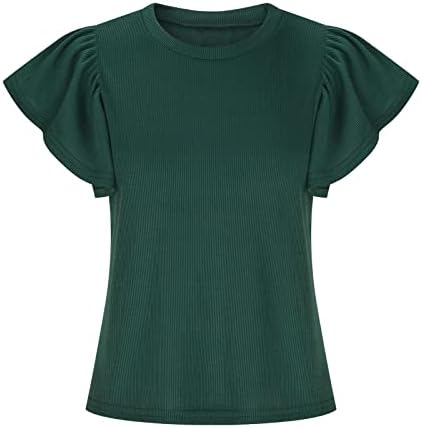 Women'sенски расипан краток ракав, тркалезен врат, плетена врвна летна лабава маица, стилски обичен блуза, цврсти врвови на туника