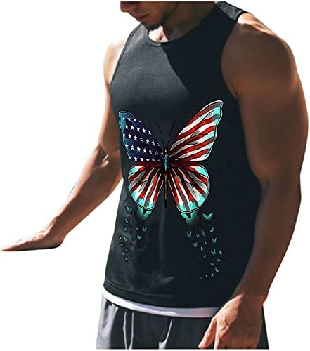 Беуу 4 -ти јули машка резервоар врвови на американско знаме Пеперутка печатени кошули без ракави летни патриотски теретани резервоари за теретани
