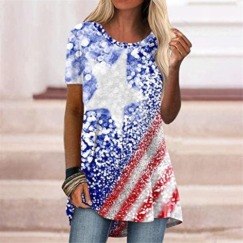 4-ти јули маици за жени со краток ракав О вратот маици Американски ленти со знамето на знамето Патриотска кошула Туника Туника врвови
