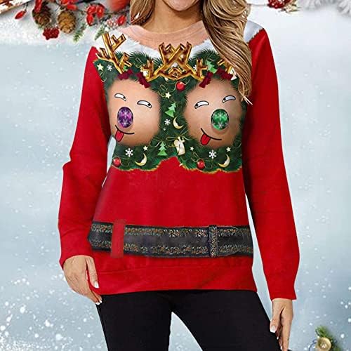 Christmasенски џемпер за џемпери Божиќни смешни 3Д печатени обични маици со долга ракав со долга рака на вратот на вратот на вратот на вратот