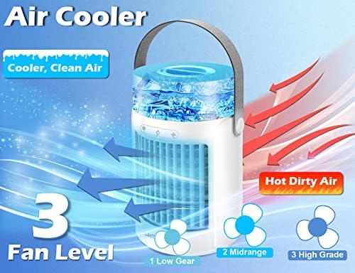 Преносен вентилатор за климатизација на AC, испарувачки мини климатик со 3 брзини 7 бои, 600 ml голем ладилник за воздух во вода, ладилник