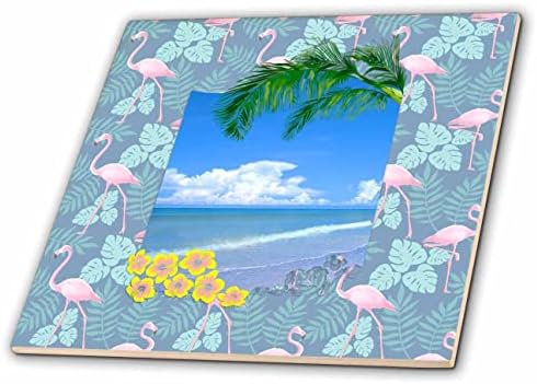 3дроза сцена на плажа со тропски цвеќиња, палми и шема на фламинго. - Плочки