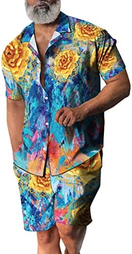 Машки кратки ракави блузи врвови шорцеви 2 парчиња поставени модни 3Д печатени копче лапел кошули кардиган плажа панталони облеки