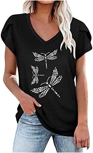 Женски 2023 маици со ливчиња за ливчиња против вратот летни основни врвови на графички кошули за печатење на змеј