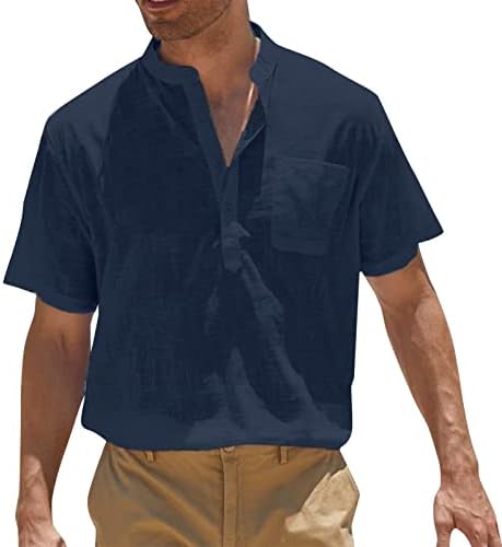 HDDK Машка памучна постелнина Хенли кошули со кратки ракави хипи необични летни маици со летен одмор на летен одмор со џеб