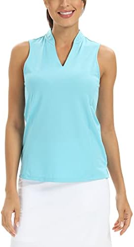 Womenенски тениски кошули за голф без ракави, V-вратот без јаки Поло спортови на отворено атлетски резервоар на врвот на UPF 50+ Брзо суво