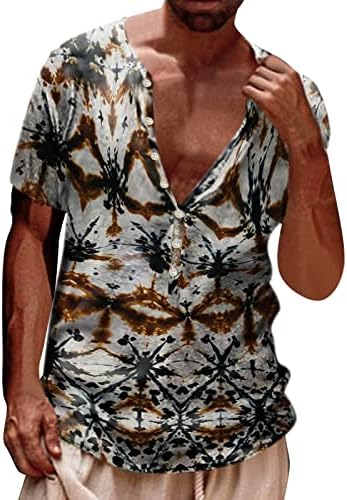 XXBR MENS AZTEC HENLEY кошули 3Д ретро потресено копче Boho Print копче V вратот врвови летни кратки ракави графички плажа кошула доцна пролет летен одмор назад на училишен универ