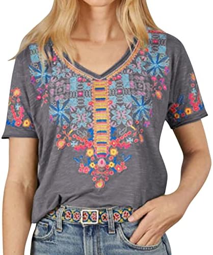 Здфер извезени врвови за жени летни V-вратот краток ракав Бохо кошули селански блузи лабави врвови на хипи маици
