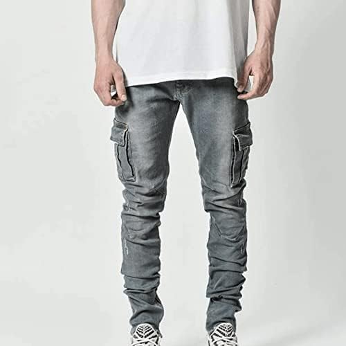 Панталони за мажи, машки странични џебни фармерки со молив, слаби обични хип -хоп тексас панталони аголни карго панталони џогери