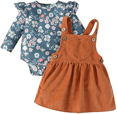 Облеката за новороденчиња девојче Руфл Ромпер за бебе девојки цветни долги ракави срцеви суспендирани здолништа за девојчиња за новороденчиња