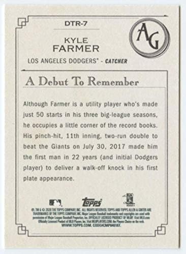 2020 Ален и Гинтер деби за запомнување на DTR-7 Кајл Фармер Лос Анџелес Доџерс МЛБ Бејзбол картичка НМ-МТ