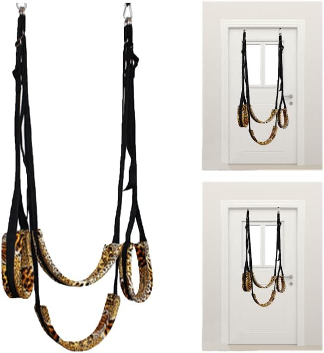BDSM леопард печати над-врата, замав, замав на вратата со седиште, потпори на нозе, прилагодливи ленти, држи до 330 фунти, играчка за ограничување
