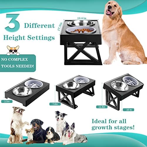 Подигнати чинии за кучиња Mdehopet за големи кучиња, 3 прилагодливи височини одгледувани фидер за миленичиња садови со бавен сад за