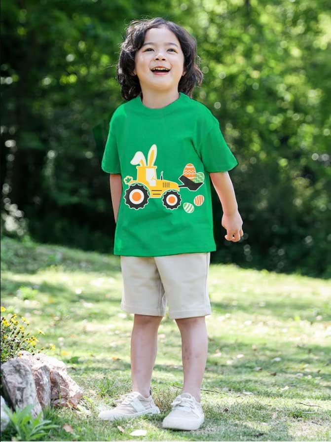 Детска Велигденска Кошула Зелено Дете Момчиња Маици Трактор Лето Краток Ракав Маица Облека Велигден Зајаче Јајца Врвот 2-7 Години