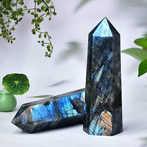 ФЗБРРО големи лабрадоритни кули Кристал Поинт Обелиск 6 Фацетиран лековит кристално камени стапче за подарок за медитација 2.2-2,6 фунти