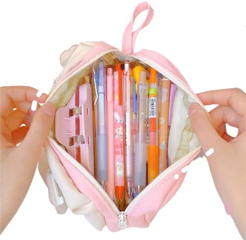 Laureltree kawaii естетска симпатична торба со молив со 3 парчиња пинови со голем капацитет за канцелариски торбички за торбички Организатор