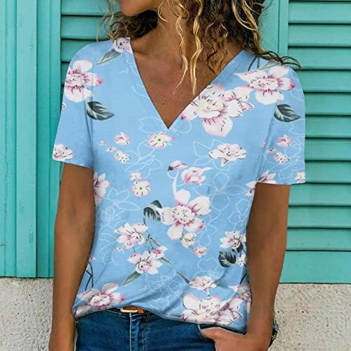 Кошули за жени трендовски 2023 случајни цветни печатени маици со кратки ракави лабави плус големина врвови V-вратот на летни врвови на туники