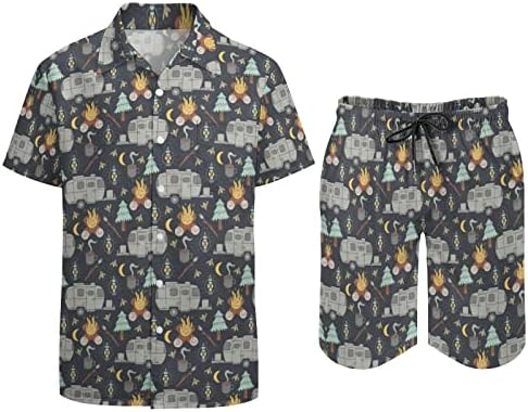 Weedkeycat Airstream Camping Man's Man's Beach Outfits 2 парчиња Хавајско копче надолу со кошула Краток ракав и шорцеви