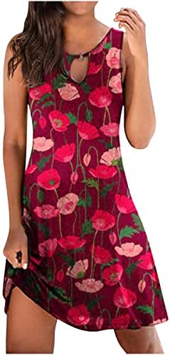 Lutенски летни фустани Бохо цветни печати за печатење, обичен проток, тркалезен врат, шуплив фустан без ракави, фустан со фустан од резервоарот