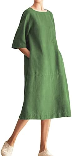 Летни фустани за жени памучни постелнини џебни фустанчеа околу вратот лабава плус големина обичен фустан