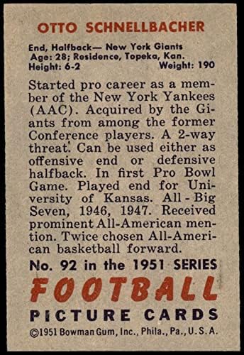 1951 Bowman 92 Otto Schnellbacher New Yorks Giants-FB NM Giants-FB Kansas