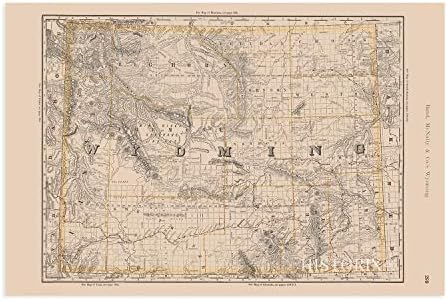 Историкс гроздобер 1891 година Постер на мапа на Вајоминг - 24x36 инчен гроздобер мапа на декор на wallидови на wallидови во Вајоминг -