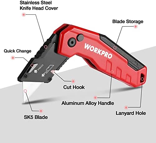 WorkPro нож за преклопување на алатка, секач за брза промена, нож за жилет за картони, картон, кутии, складирање на сечилото