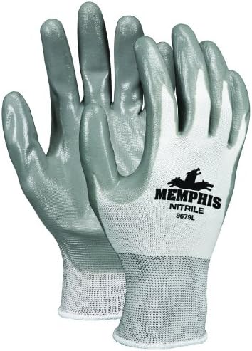 Безбедност на MCR 9679S Мемфис најлонска обвивка жолти ракавици со сива нитрил натопена дланка и прсти, сива/бела, мала, 1-пар-пар
