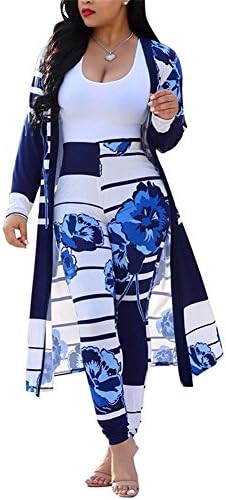 Vlunt женски цветни печати со долг ракав кардиган прикријте долги панталони 2 парчиња облеки поставени
