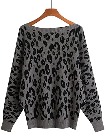 Женски кашмир џемпери леопард печати лабава еден врат со долг ракав лилјак плетење џемпер на пулвер џемпери