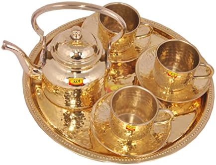 Shiv Shakti Arts® Чист Месинг Круг Послужавник Со 1 Месинг котел со 3 Месинг чаша &засилувач; чинија | Утро чаша чаша сет садови сервис