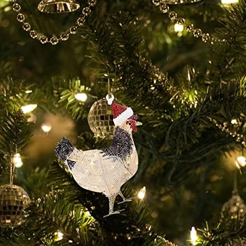 Cheeseandu 4pack Божиќно пилешко украс цртан филм светло дрвено пилешко со црвена шамија Декор декор виси приврзок за приврзоци за новогодишни елки Персонализирани дрвен