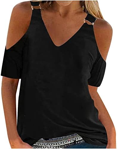 Женски ладно рамо врвови 2023 летен обичен трендовски кратки ракави против маички со вратот цветни графички маички слатки облеки блузи