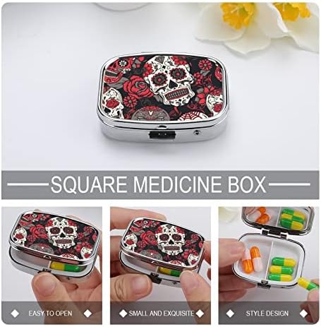 Пилула кутија рози шеќер черепи квадратни во форма на таблета таблета, преносен пилум за витамин контејнер Организатор на апчиња држач со