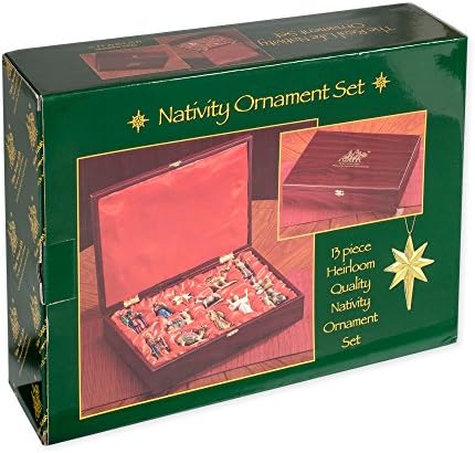 Сет од 13 божиќни украси за породување во кутија со сатенски сатен со цреша од дрво
