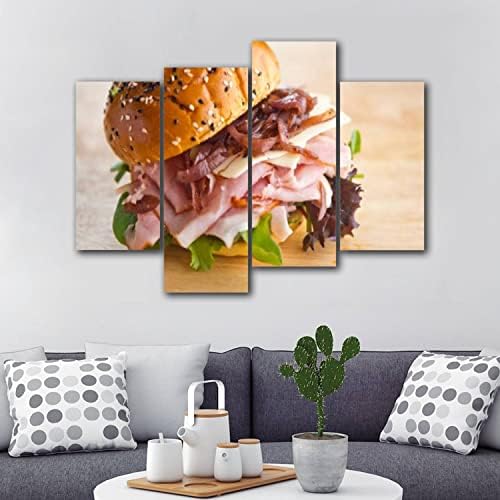 Платно wallидна уметност дели сендвич дели месо и сирење на тост пунџа со зелена салата домат модерна слика, врамени уметнички дела
