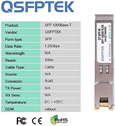 1000Base-T SFP до RJ45, 1,25G SFP-T Gigabit SFP бакар RJ45 Module Mini GBIC Transceiver за Ubiquiti UF-RJ45-1G, Supermicro, Netgear, Broadcom,
